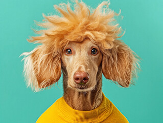 Stylish Dog in Yellow Sweater Against a Vibrant Blue Background
