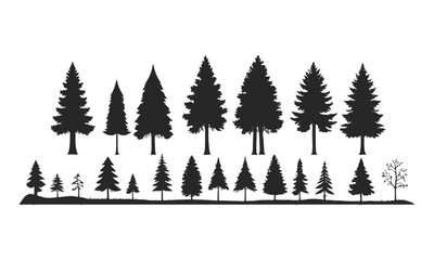 Obraz premium Minimalist vector illustration featuring a series of black tree silhouettes on a plain white background, easily editable and scalable.