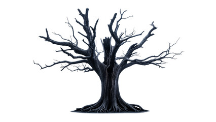 Isolated bare dark tree with tangled branches, roots against a clean white background.