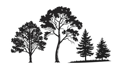Obraz premium Minimalist vector illustration featuring a series of black tree silhouettes on a plain white background, easily editable and scalable.