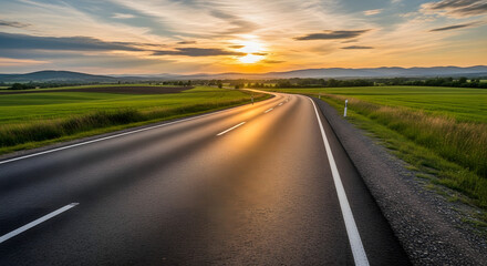 Fototapeta premium Asphalt Road Winding Through Lush Green Fields at Sunset.