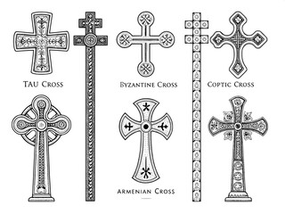 Eight historical Christian cross variations drawn as technical black line illustrations. The crosses include the Tau Cross, Byzantine Cross, Coptic Cross, and Armenian Cross. Each is clearly labeled i