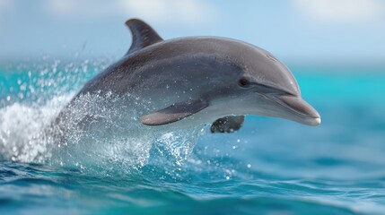 Dolphin leaping out of crystal clear ocean water, playful and wild. Marine life, dynamic. Bright.