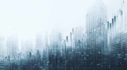 Abstract cityscape overlayed with financial charts, rendered in muted blues and grays, suggesting growth and interconnectedness