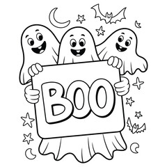 Obraz premium Three friendly ghosts holding a “BOO” sign with stars, moons, and bats in black and white coloring page
