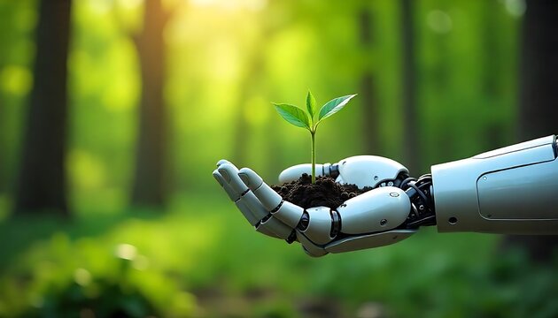 Sustainable AI Concept – Silver Robot Hand Caring for Plant in Forest Light

Eco-Friendly AI Vision – Robotic Hand Nurtures Seedling in Nature Setting

Green Technology Symbol – AI Robot Hand Gently H