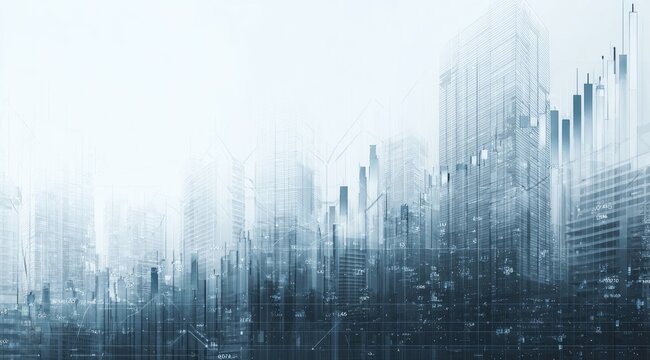 Abstract cityscape overlayed with financial charts, rendered in muted blues and grays, suggesting growth and interconnectedness