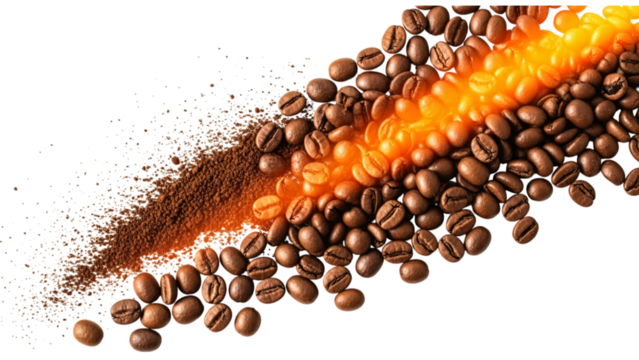 Roasted Coffee Beans and Ground Coffee Isolated on White Background, top view.