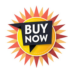 A buy now button with a starburst design, isolated on white transparent background