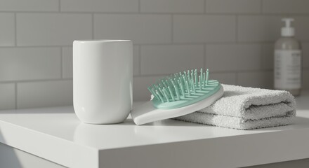 Mint Green Hairbrush and Ceramic Cup on White Bathroom Counter
