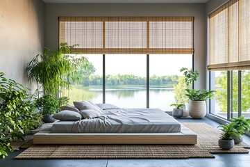A modern bedroom with clean lines, a low-profile bed surrounded by indoor plants, large windows with bamboo shades, and a peaceful view of a serene lake in the distance.