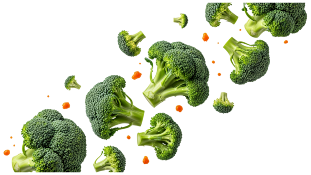 Floating Fresh Broccoli Florets and Diced Carrots on Clean White Background for Health.