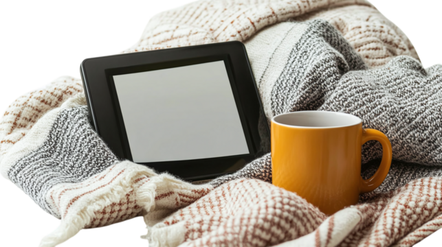 • A cozy reading nook with an e-reader, a blanket, and a mug, isolated on white background in HD 