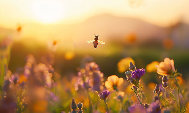 Bee Pollination process in sustainable gardening flower fields nature photography sunrise close-up environmental awareness
