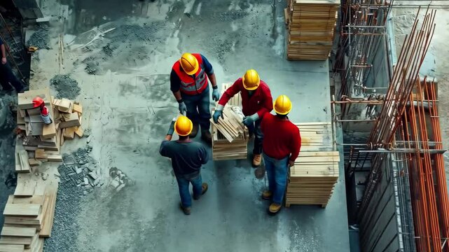Construction team engages in collaborative effort using materials on site during busy workday, Time lapse of busy construction team working together on building site