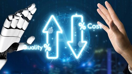 Business concept showing cost reduction and quality increase using Lean, Six Sigma, and Total...