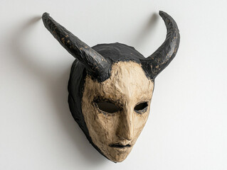 Handcrafted Wooden Mask with Black Horns and Bold Expressions