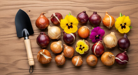 Colorful Tulip Bulbs and Pansies Ready for Spring Planting.