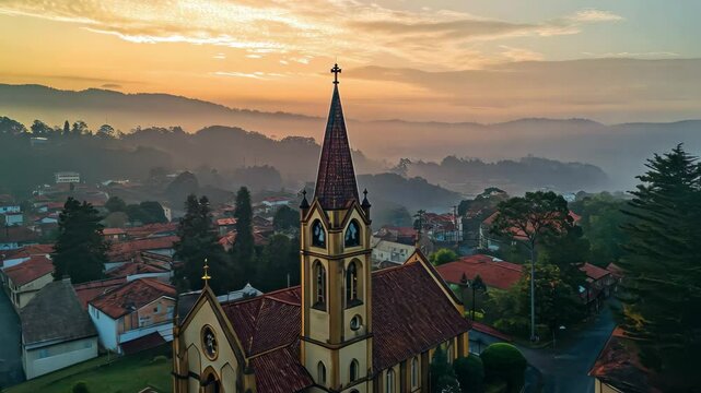 Stunning aerial view of Gramado, Rio Grande do Sul, Brazil showcasing the morning light over historical architecture, Aerial view of Gramado, Rio Grande do Sul, Brazil Church Matriz S&Atilde;&pound;o Pedro