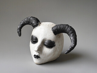 Handcrafted Wooden Mask with Black Horns