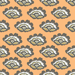 Seamless floral pattern, colorful ditsy print, abstract ornament in retro folk motif. Pretty decorative art botanical design of hand drawn large, small flowers, leaves, wild herbs. Vector illustration