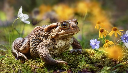 woodhouse s toad on moist ground with moss and blooming wildflowers