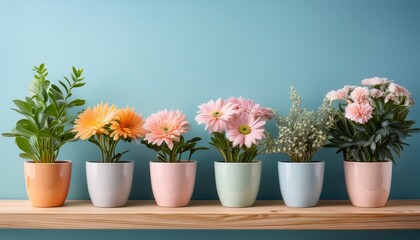five pastel colored flower pots filled with vibrant blooming plants sit on a wooden shelf against a light blue wall creating a cheerful atmosphere