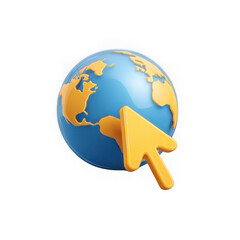 A globe with blue oceans and yellow continents and a yellow arrow cursor icon