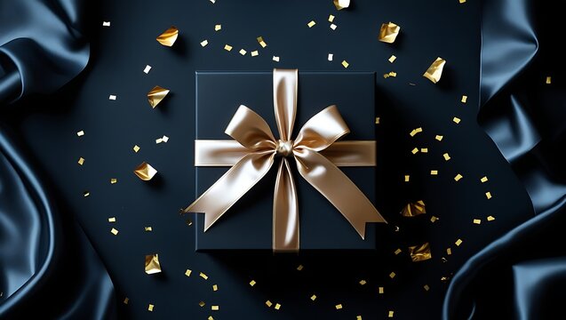 Elegant dark blue gift box with gold ribbon and confetti on luxurious satin fabric