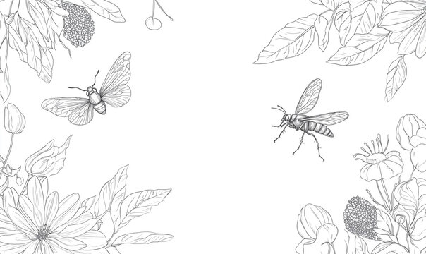 Black and white illustration of insects and flowers, featuring moths and bees surrounded by detailed foliage.