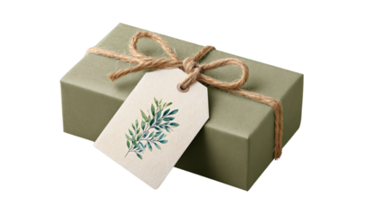 A beautifully wrapped gift box with a natural green hue and a decorative tag featuring botanical illustrations.