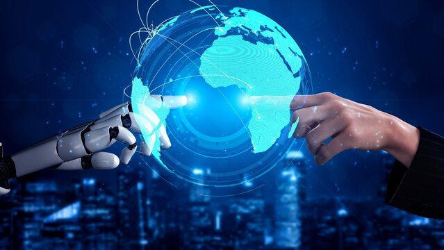 AI supports global data exchange with intelligent infrastructure, virtual assistant visualizations, and artificial intelligence tools for network connectivity analysis. Thunk - Powered by Adobe