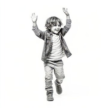 joyful boy highfiving the air celebrating moment clear white background dynamic pose