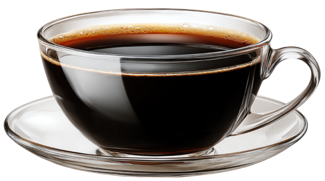 A clear glass cup of black coffee on a saucer, perfect for a warm morning or an afternoon break.