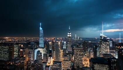 city skyline at night with illuminated buildings and dark sky