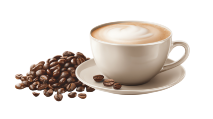 A cozy cup of latte with fresh coffee beans on the side, perfect for coffee lovers and cafe ambiance.