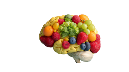 A creative representation of a brain made from various fruits, symbolizing nutrition and mental health.