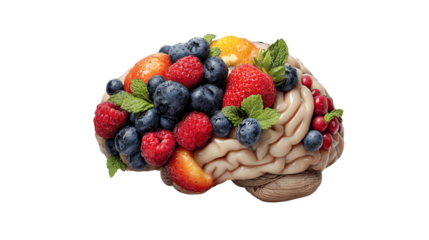 A creative representation of a brain made from fresh fruits, emphasizing healthy eating and mental wellness.