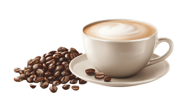 A cozy cup of latte with fresh coffee beans on the side, perfect for coffee lovers and cafe ambiance.