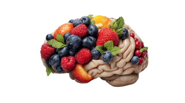 A creative representation of a brain made from fresh fruits, emphasizing healthy eating and mental wellness.