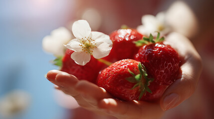 Obraz premium Bright fresh red strawberries in a female hand surrounded by strawberry flower petals on a sunny day captured with natural lighting