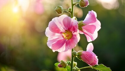 close up of blooming pink hollyhock flowers with soft sunlight and blurred green background creating a serene and warm atmosphere