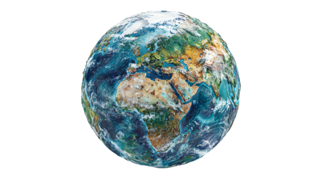 A detailed globe showcasing Earth's continents and oceans with vibrant colors, white isolate background.