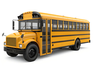 A yellow school bus on a white background angled to the left with black tires and black trim around windows