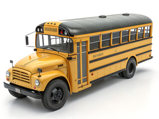 A yellow and black school bus with a vintage design parked on a white surface in a studio setting