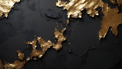 Abstract textured background with cracked black surface and torn gold leaf elements