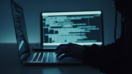 Faceless hacker in a hoodie is typing on a laptop. Cyber security hacking concept - Powered by Adobe