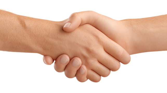 Close-up of two hands shaking, symbolizing agreement and partnership, isolated on white background.
