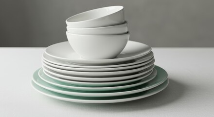 Stack of White and Light Green Plates and Bowls