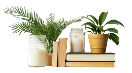 • A digital detox setup featuring books, plants, and candles, isolated on white background in HD 